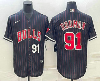 Mens Chicago Bulls #91 Dennis Rodman Number Black With Patch Cool Base Stitched Baseball Jerseys
